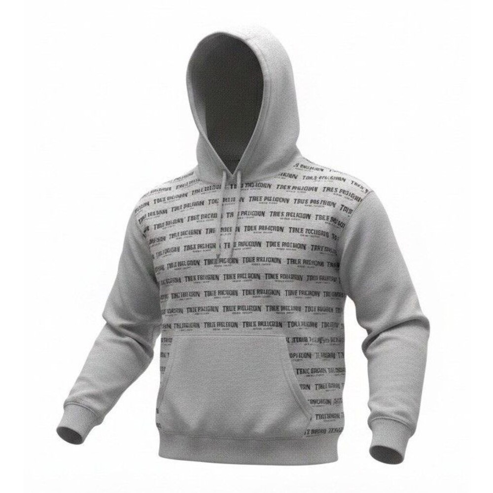 True Religion Hoodie Mens XL Gray Logo Print Pullover Cotton Blend NEW
